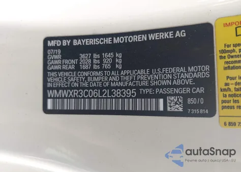 2020 Mini Hardtop Cooper z USA, uszkodzony, nr VIN WMWXR3C06L2L38395